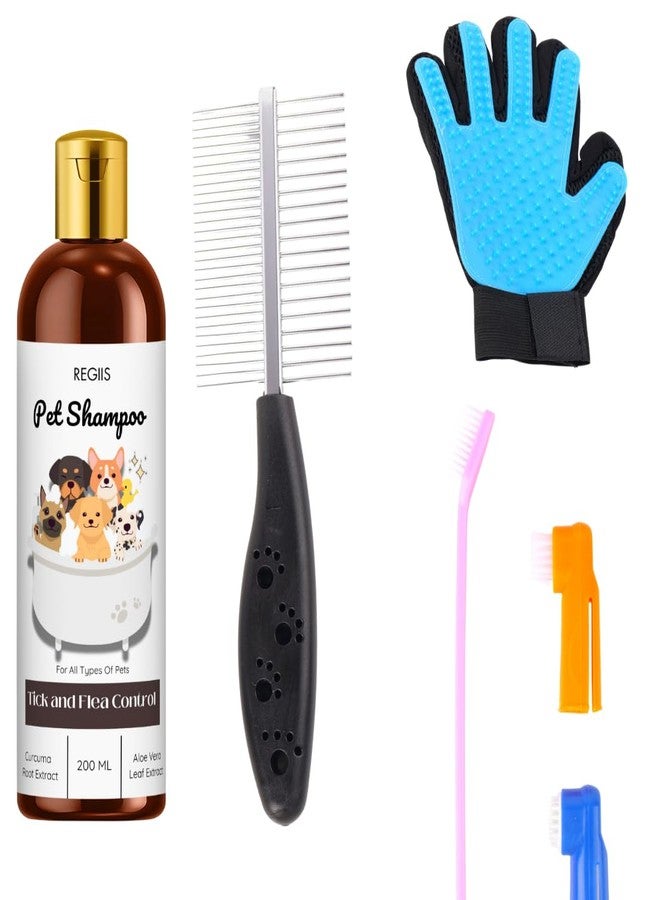 مجموعة العناية بالحيوانات الأليفة من ريجيس مع شامبو لمكافحة القراد والبراغيث، وفرشاة احترافية مزدوجة الجوانب، وقفاز للعناية، 200 مل (عبوة من 4 قطع) - Image 1